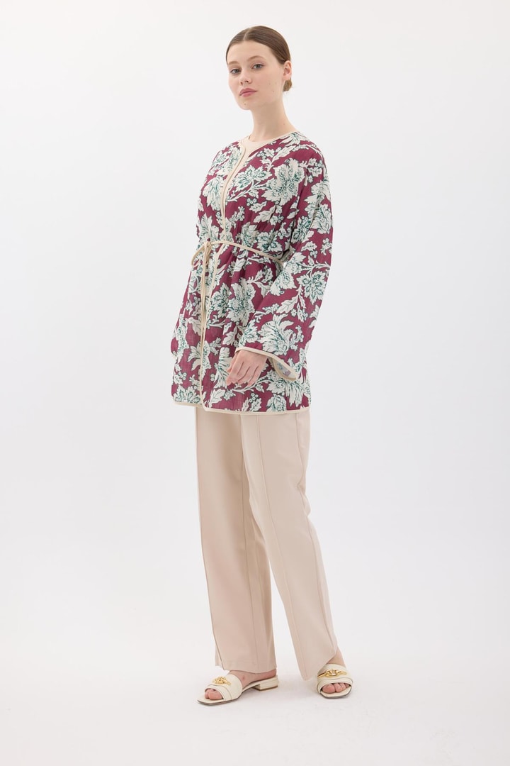 Keten Desenli Kimono - Bordo
