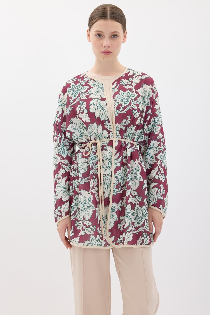 Keten Desenli Kimono - Bordo