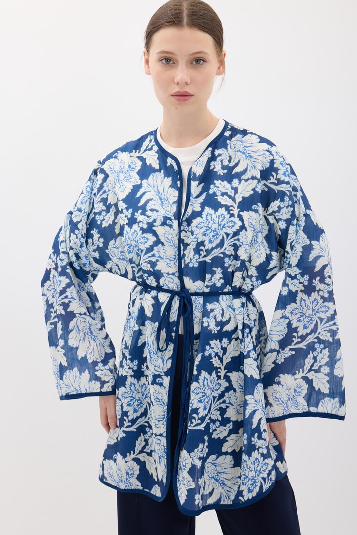 Keten Desenli Kimono - Lacivert