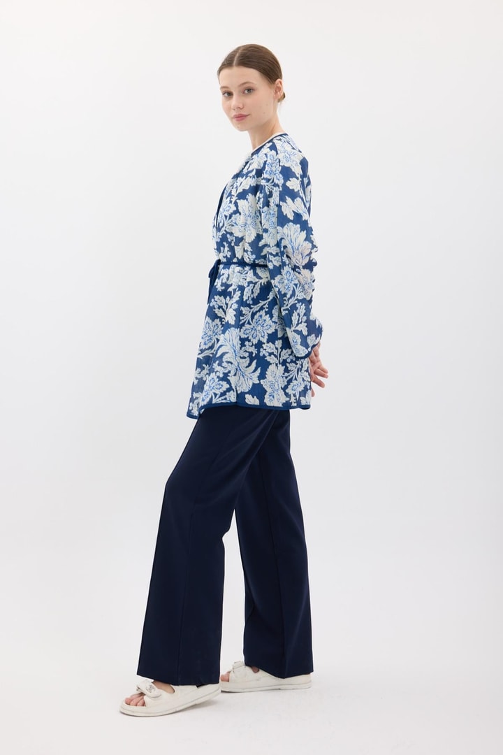 Keten Desenli Kimono - Lacivert