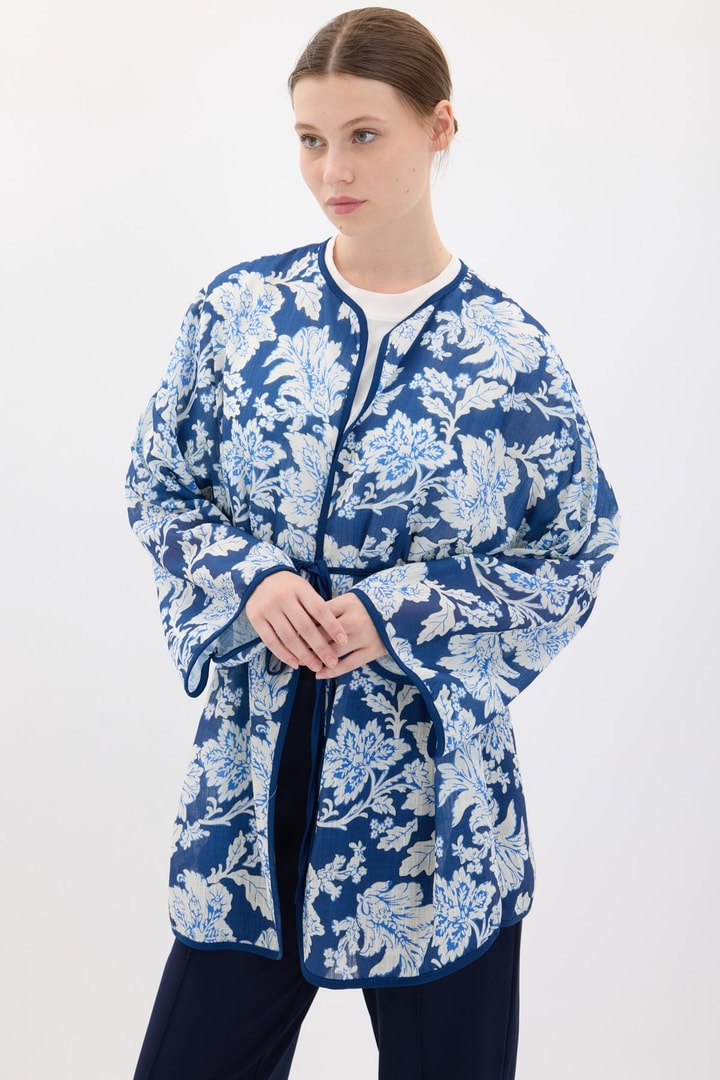 Keten Desenli Kimono - Lacivert