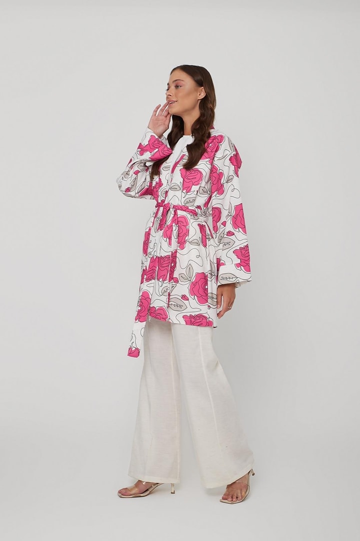 Keten Efekt Kimono Takım - Fuşya