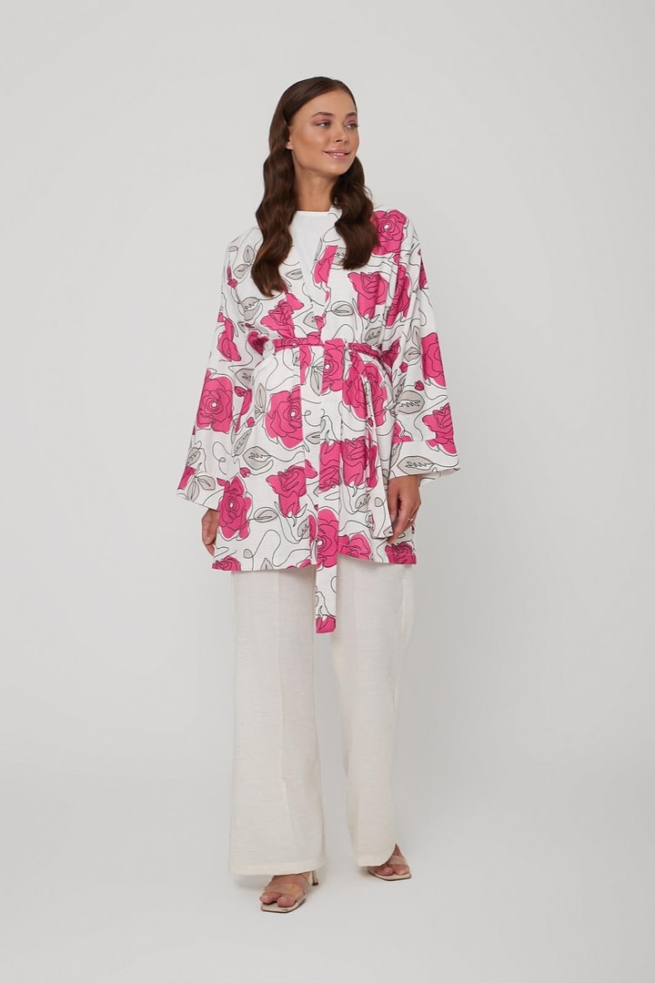 Keten Efekt Kimono Takım - Fuşya