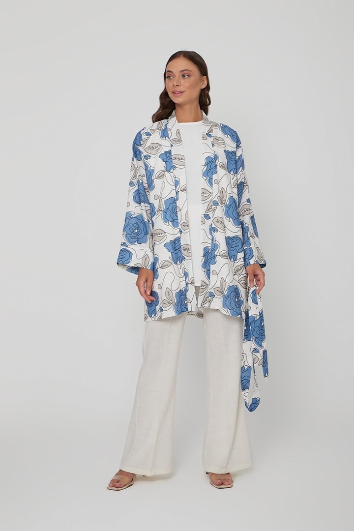 Keten Efekt Kimono Takım - İndigo