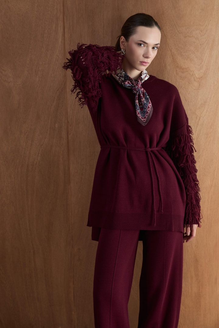 Kol Fringe Detaylı Triko Pantolon Takım - Mürdüm