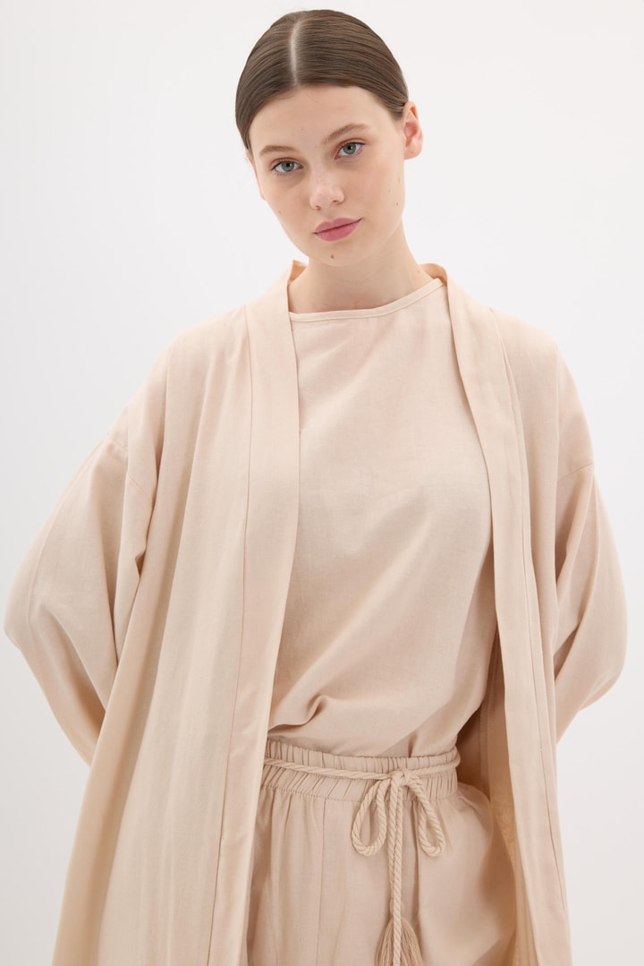 Kol Püskül Detaylı Kimono Takım - Bej