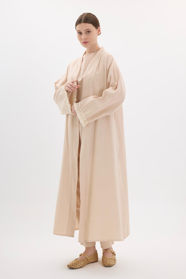 Kol Püskül Detaylı Kimono Takım - Bej
