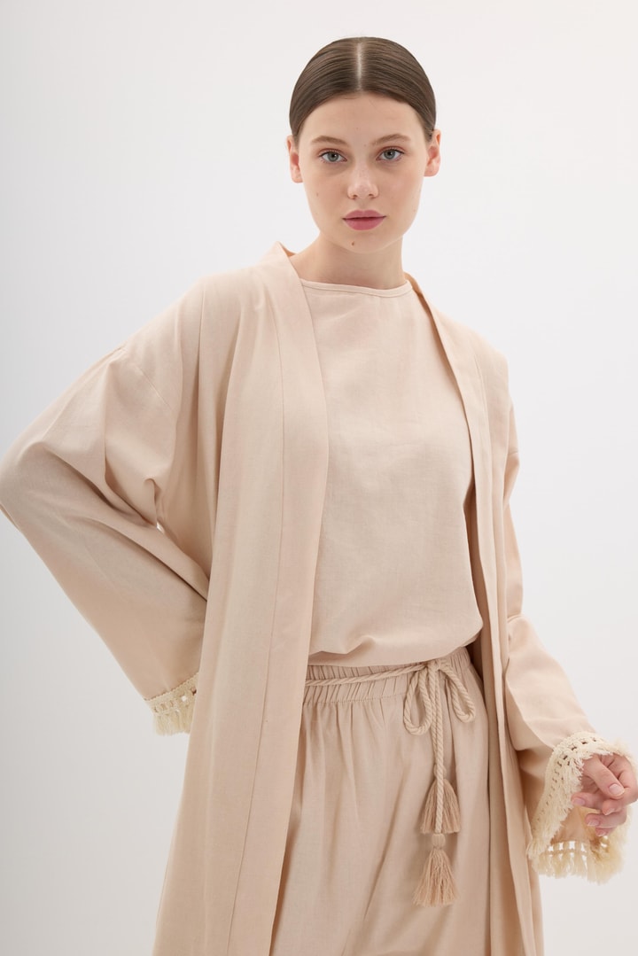 Kol Püskül Detaylı Kimono Takım - Bej