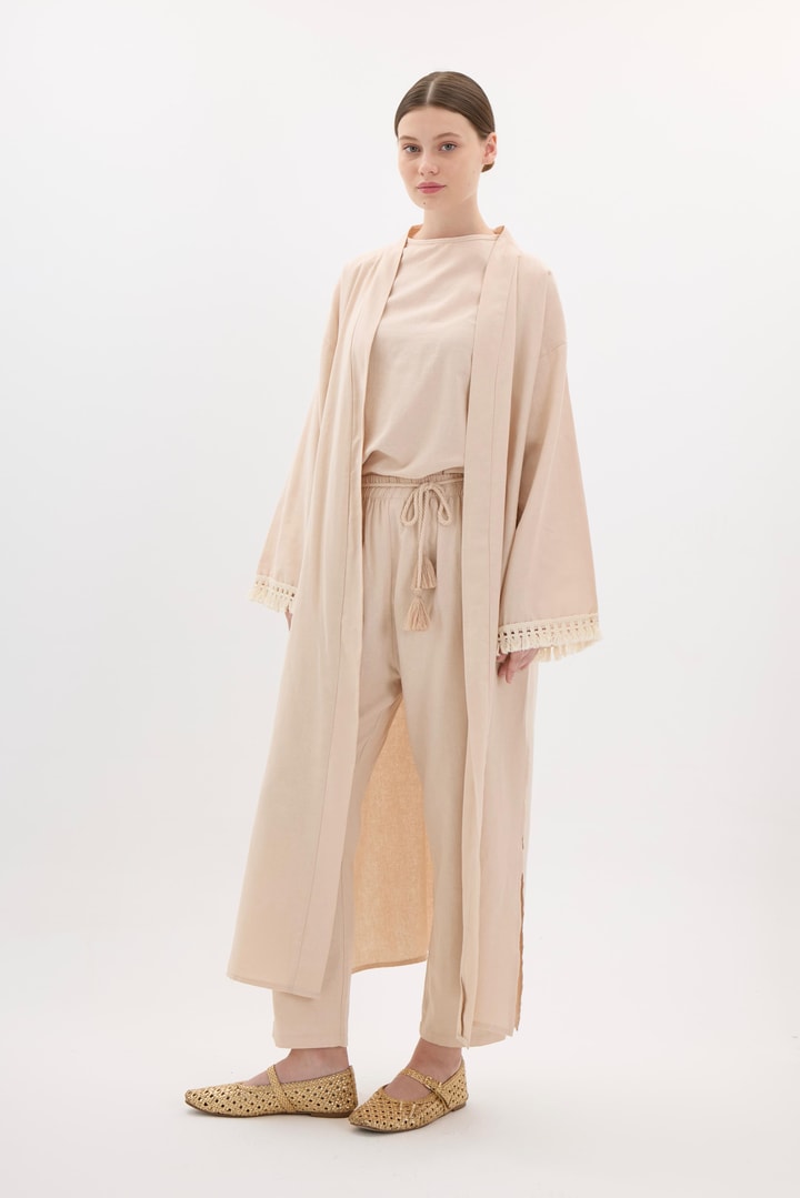 Kol Püskül Detaylı Kimono Takım - Bej