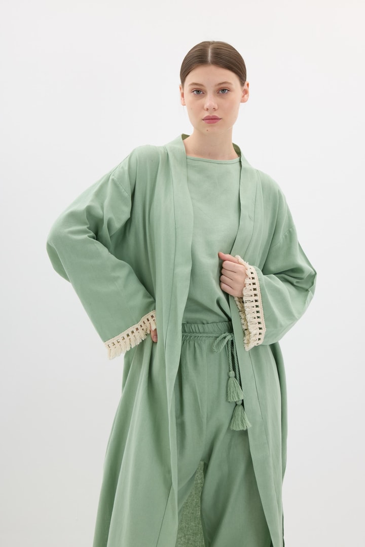 Kol Püskül Detaylı Kimono Takım - Haki