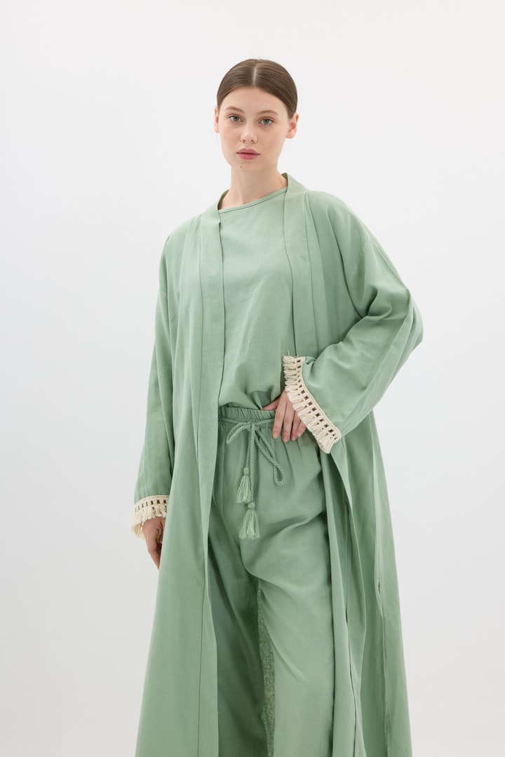 Kol Püskül Detaylı Kimono Takım - Haki