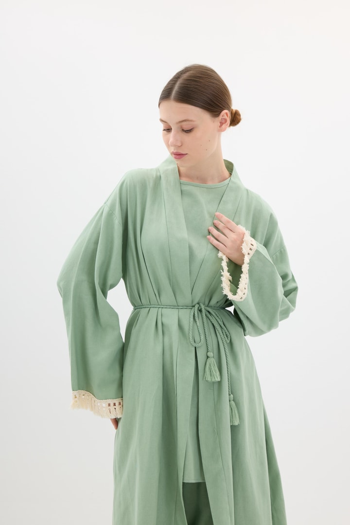 Kol Püskül Detaylı Kimono Takım - Haki