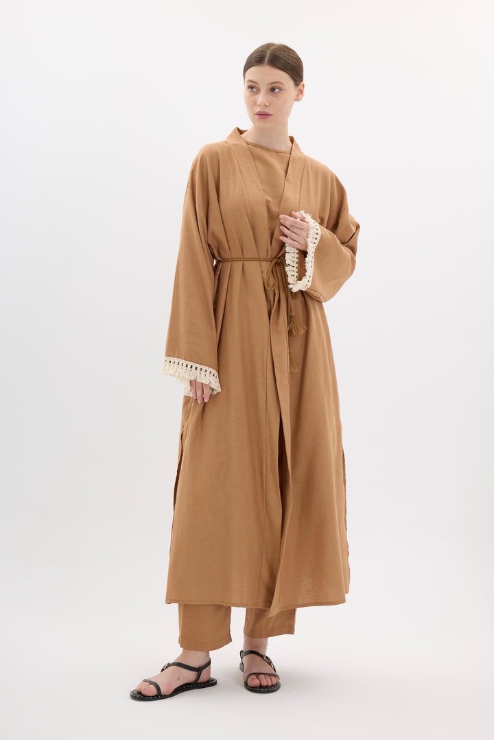 Kol Püskül Detaylı Kimono Takım - Kahve