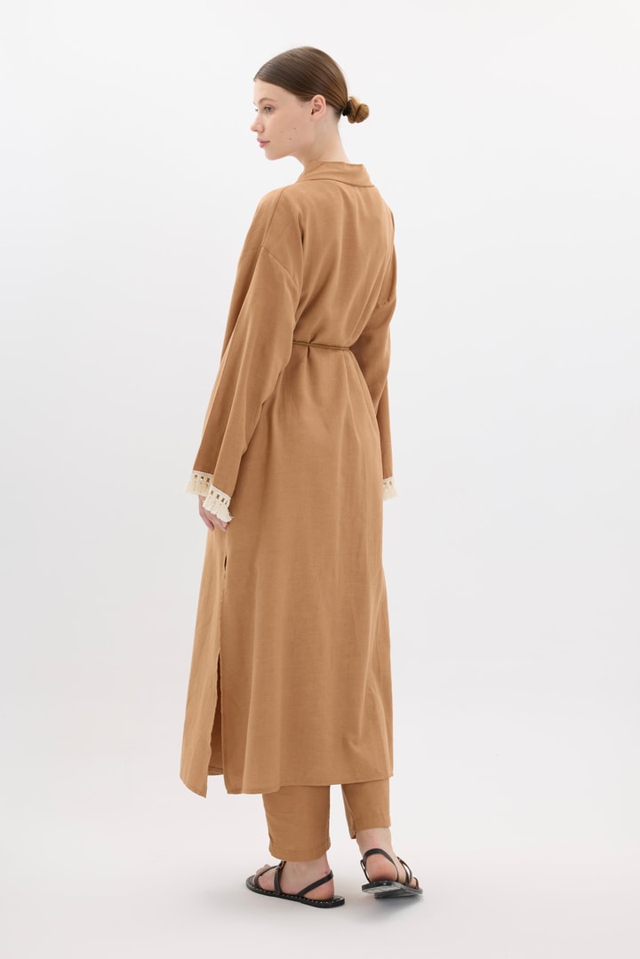 Kol Püskül Detaylı Kimono Takım - Kahve