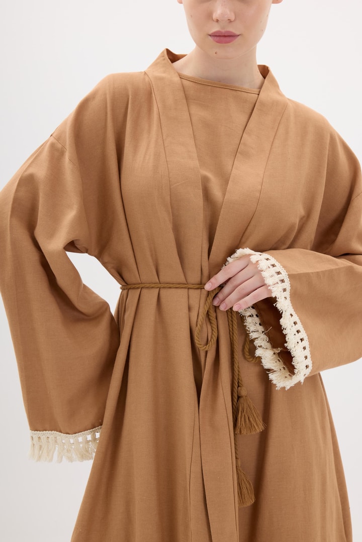 Kol Püskül Detaylı Kimono Takım - Kahve