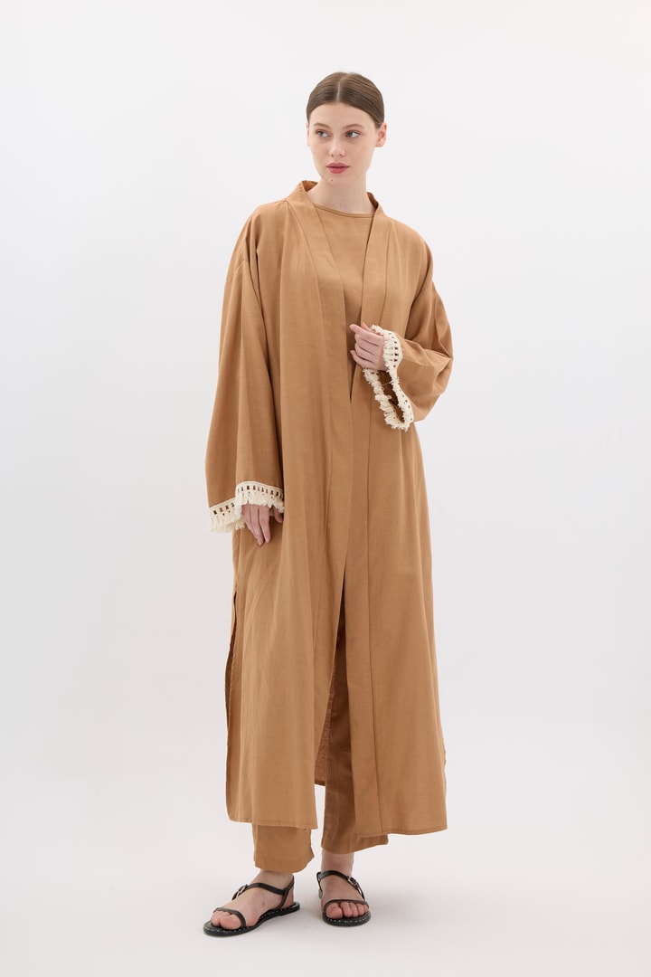 Kol Püskül Detaylı Kimono Takım - Kahve