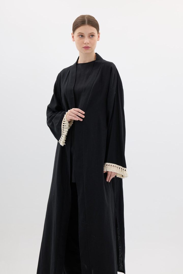 Kol Püskül Detaylı Kimono Takım - Siyah