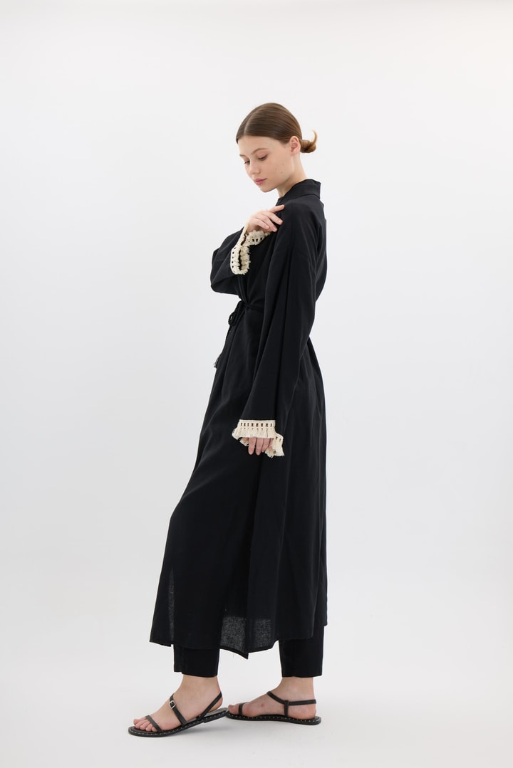 Kol Püskül Detaylı Kimono Takım - Siyah