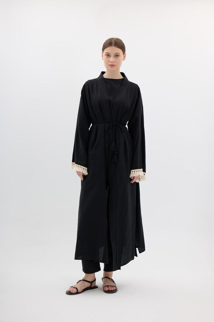 Kol Püskül Detaylı Kimono Takım - Siyah