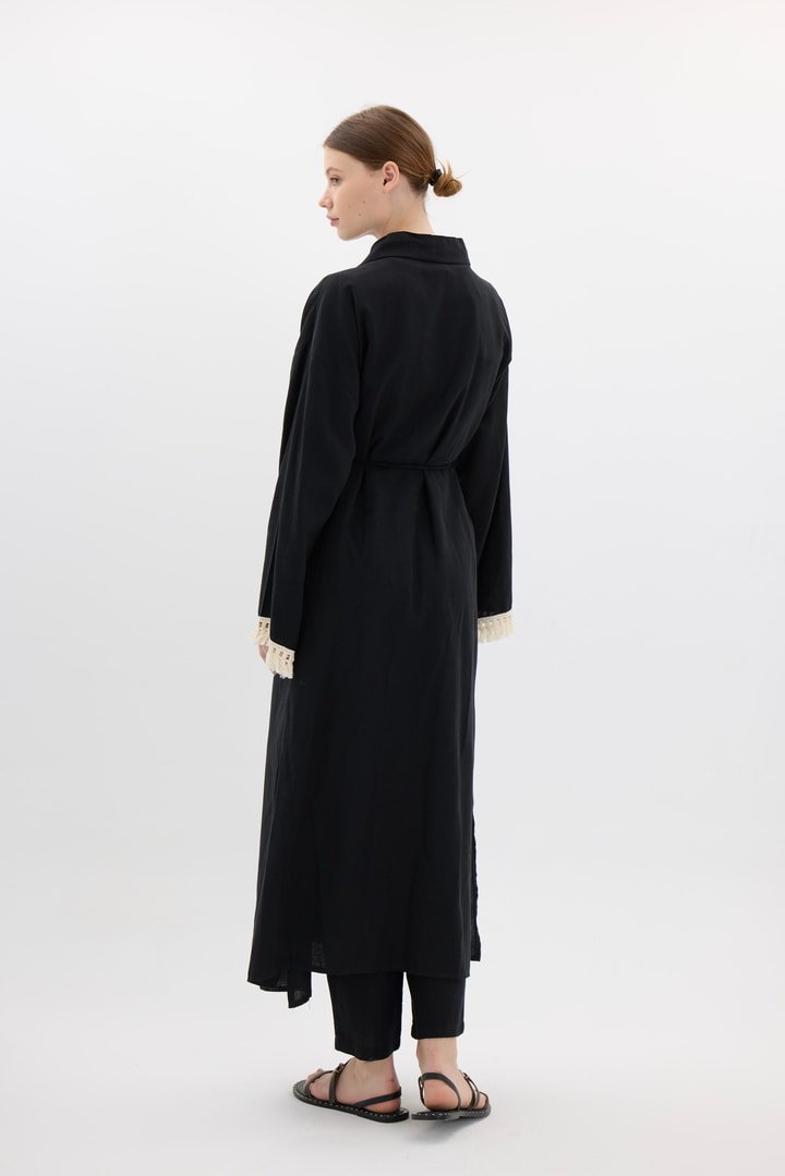 Kol Püskül Detaylı Kimono Takım - Siyah