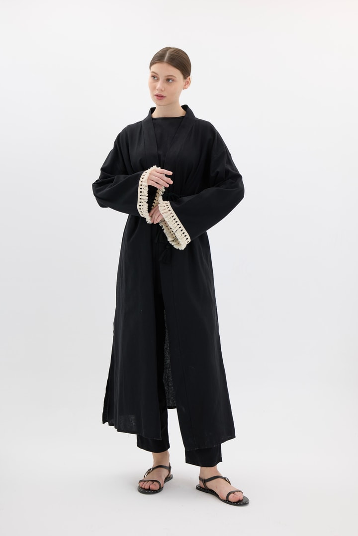 Kol Püskül Detaylı Kimono Takım - Siyah