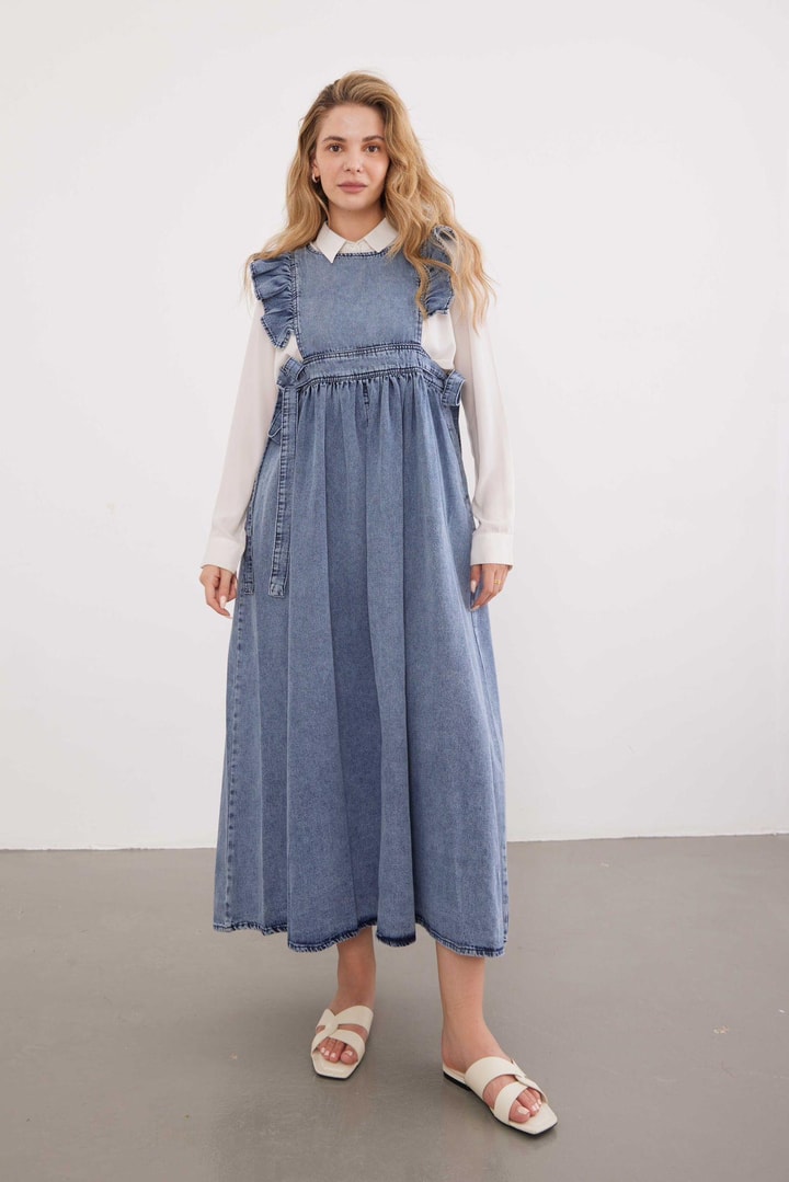 Kolları Fırfır Detaylı Denim Jile - Buz Mavisi