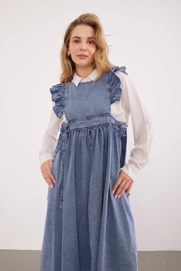 Kolları Fırfır Detaylı Denim Jile - Buz Mavisi
