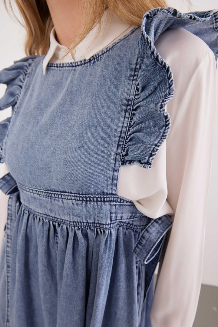 Kolları Fırfır Detaylı Denim Jile - Buz Mavisi
