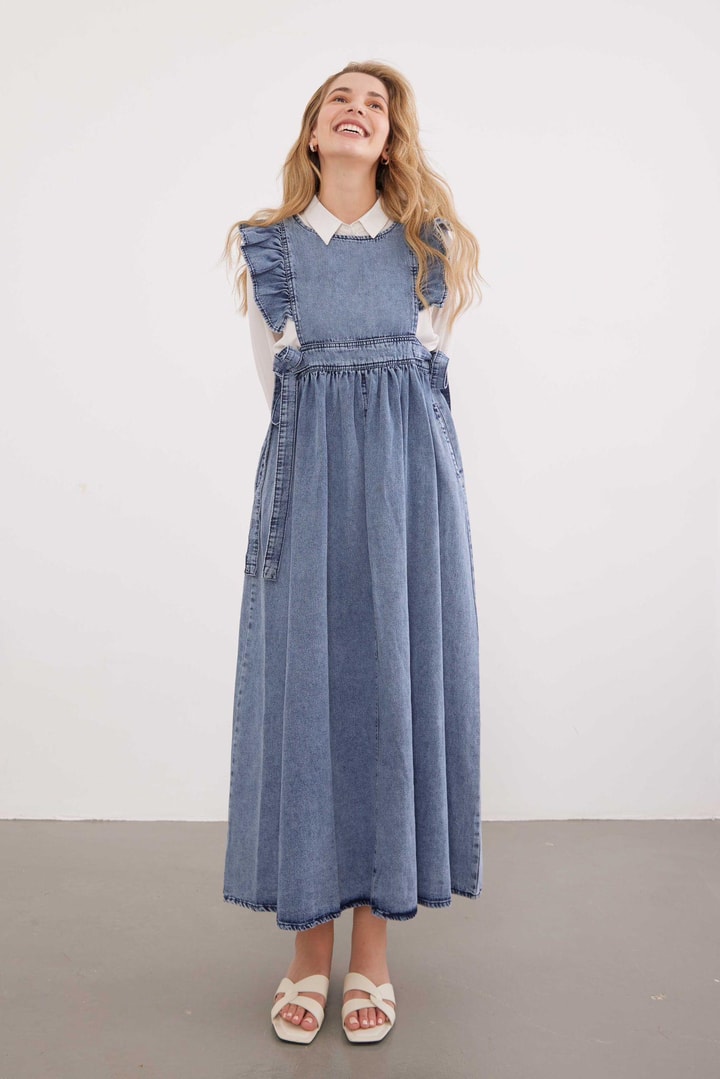 Kolları Fırfır Detaylı Denim Jile - Buz Mavisi