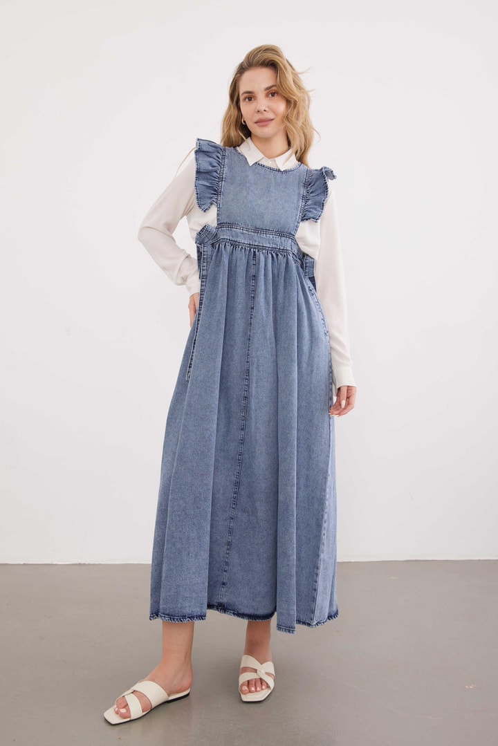 Kolları Fırfır Detaylı Denim Jile - Buz Mavisi