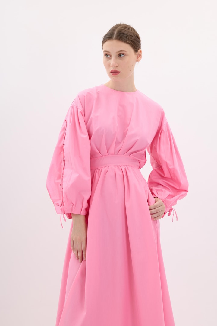 Kolları İp Bağlama Detaylı Elbise - Pembe