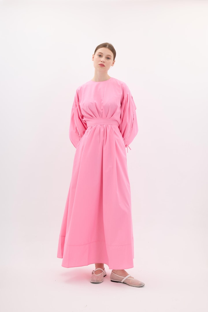 Kolları İp Bağlama Detaylı Elbise - Pembe