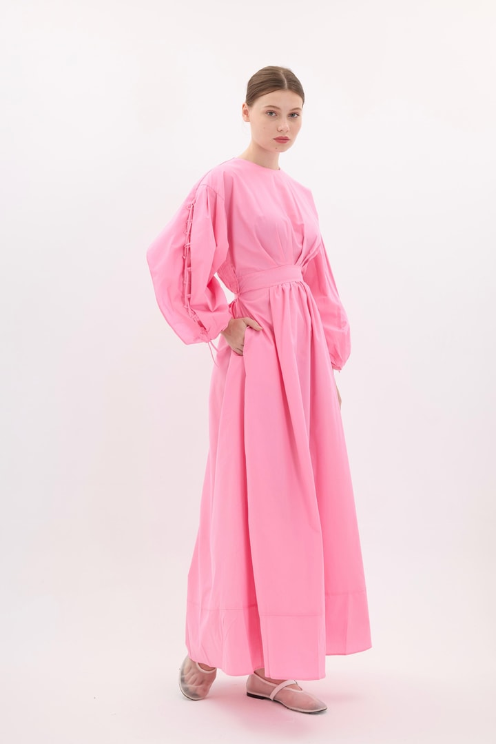 Kolları İp Bağlama Detaylı Elbise - Pembe