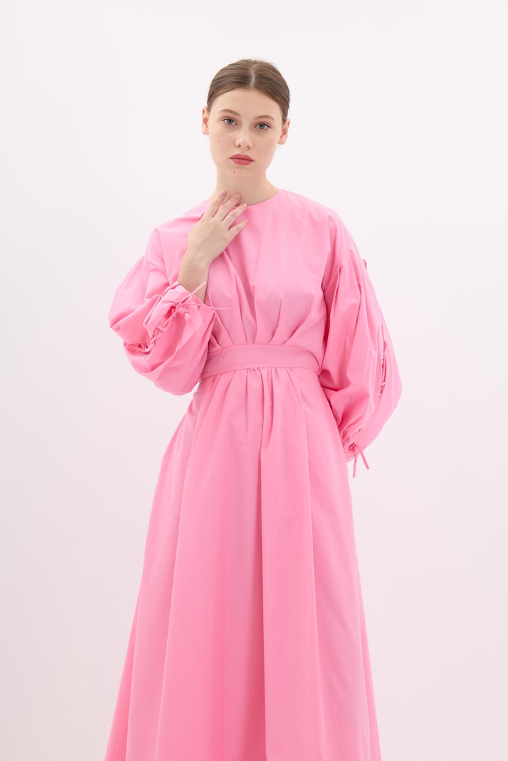 Kolları İp Bağlama Detaylı Elbise - Pembe