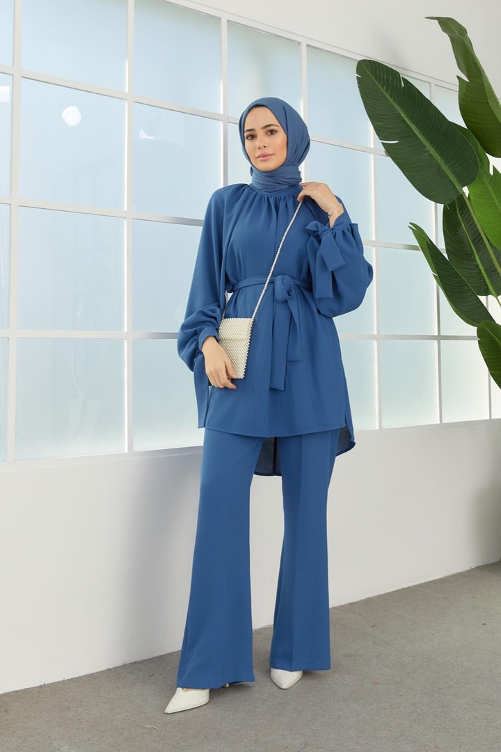 Kolları Kuşaklı Krep Takım - Mavi