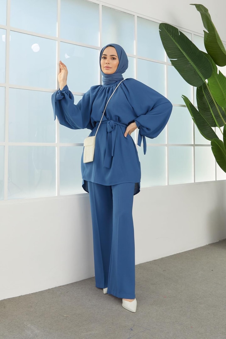 Kolları Kuşaklı Krep Takım - Mavi