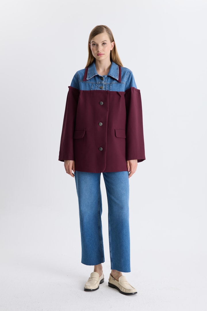 Kot Detaylı Blazer Ceket - Bordo