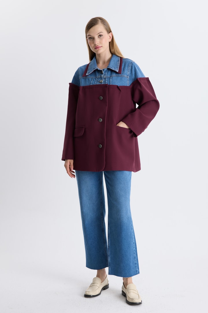 Kot Detaylı Blazer Ceket - Bordo