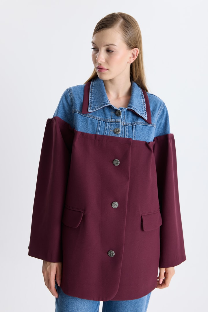 Kot Detaylı Blazer Ceket - Bordo