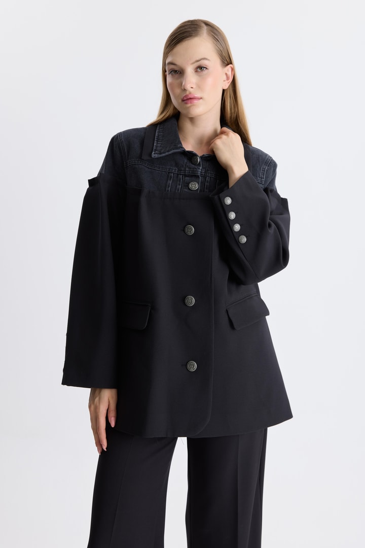Kot Detaylı Blazer Ceket - Siyah