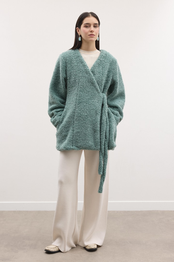 Kruvaze Curly Kaşe Ceket - Mint