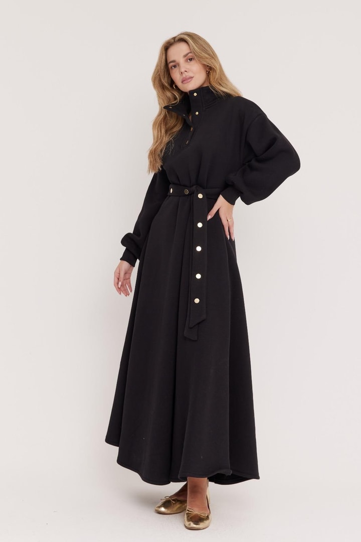 Kuşaklı Çıtçıtlı Şardonlu Elbise - Siyah