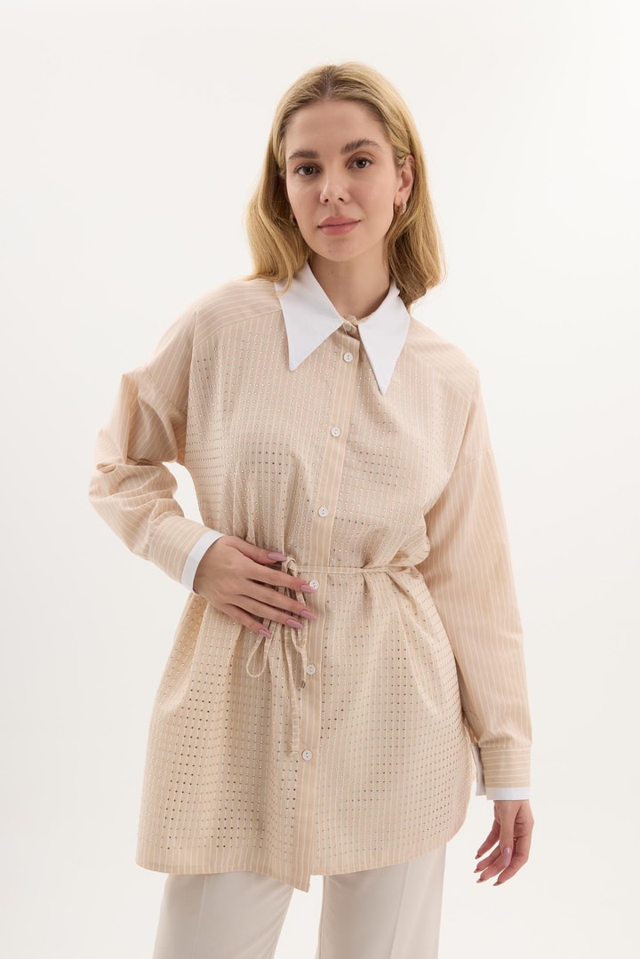 Kuşaklı Çizgili Poplin Gömlek - Bej