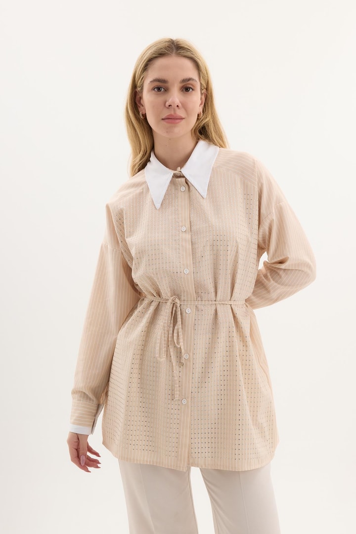 Kuşaklı Çizgili Poplin Gömlek - Bej