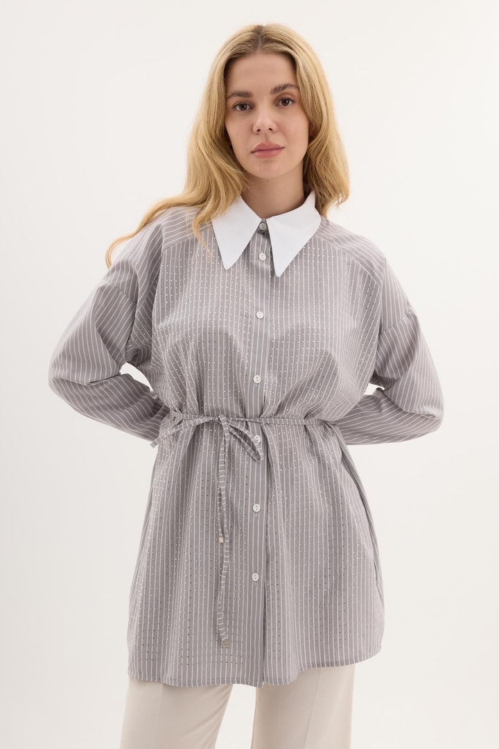 Kuşaklı Çizgili Poplin Gömlek - Gri