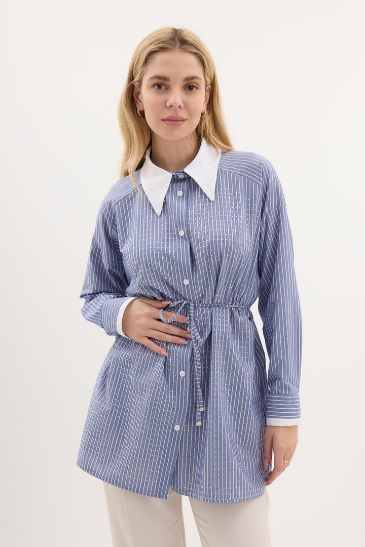 Kuşaklı Çizgili Poplin Gömlek - saks mavisi