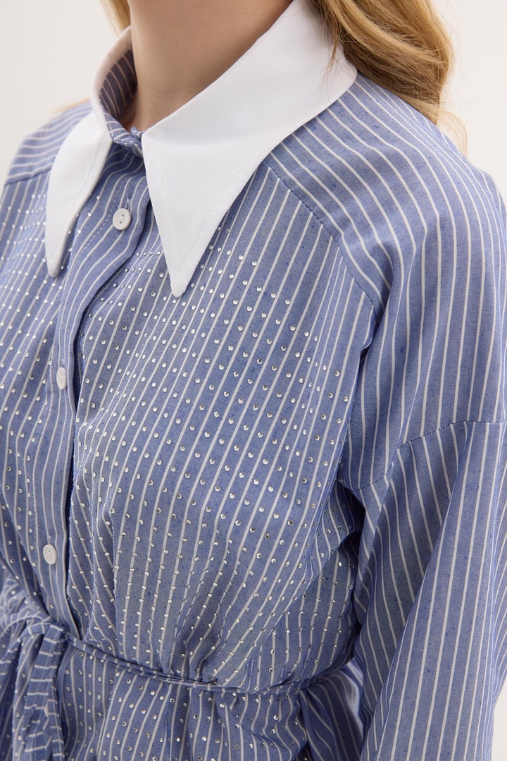 Kuşaklı Çizgili Poplin Gömlek - saks mavisi