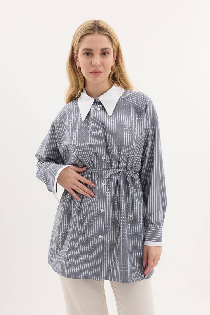 Kuşaklı Çizgili Poplin Gömlek - Siyah
