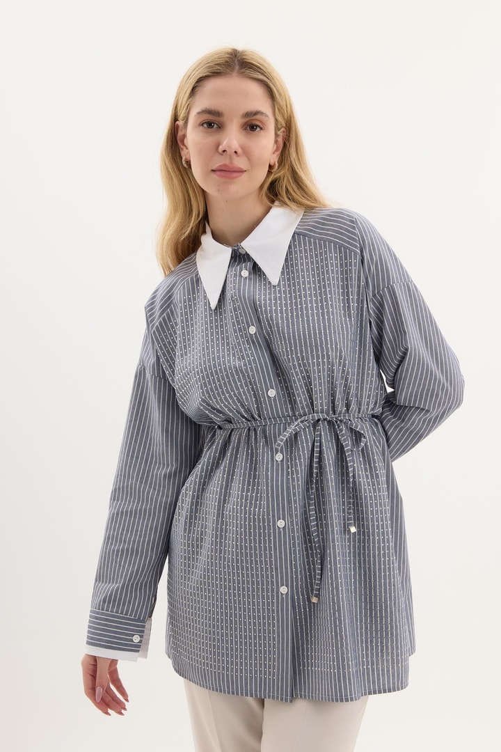 Kuşaklı Çizgili Poplin Gömlek - Siyah