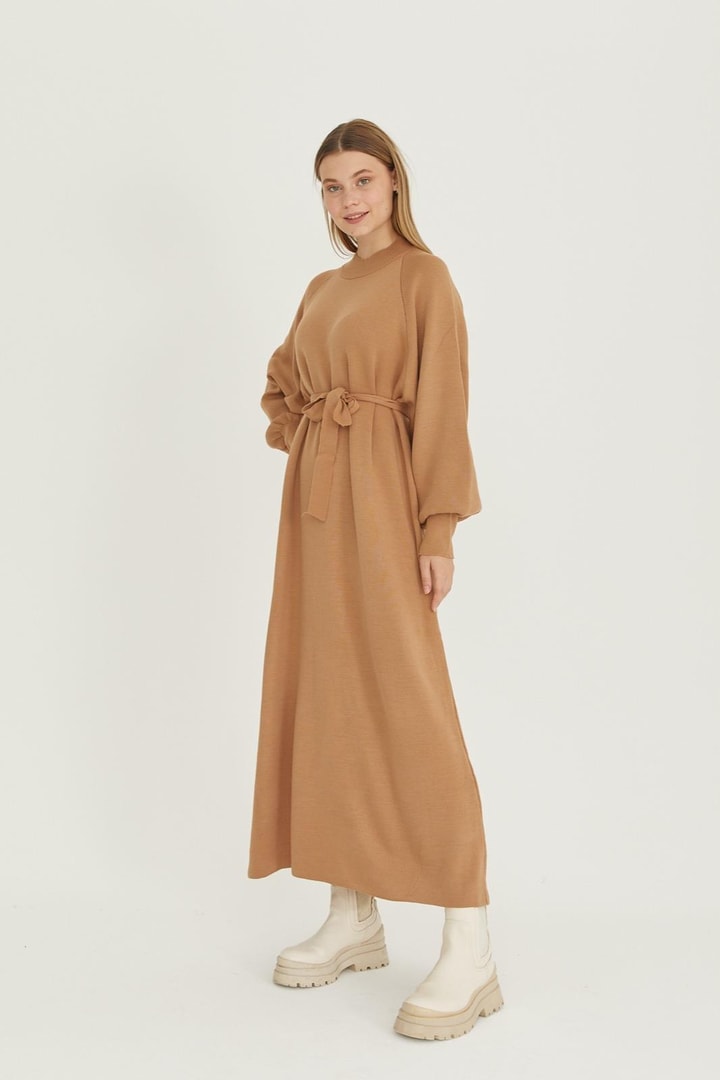 Kuşaklı Triko Elbise - Camel